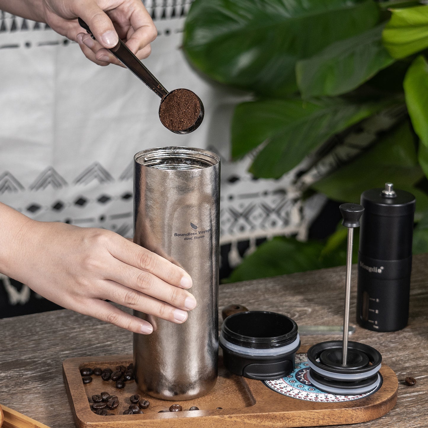 Boundless Voyage 450ml Double-Walled Insulated Titanium French Press Coffee Tumbler with Lid, Portable Filter Coffee Mug for Travel Daily Use Ti3255D