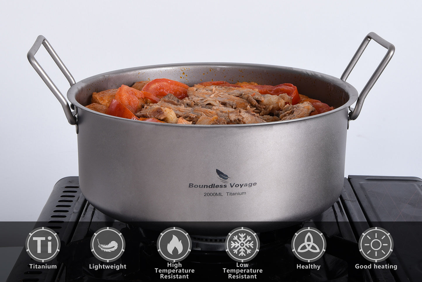 Boundless Voyage 2L Titanium Stock Pot with Lid and Folding Handle, Portable Lightweight Soup Pot for Outdoor Camping Hiking Picnic  Ti2054C