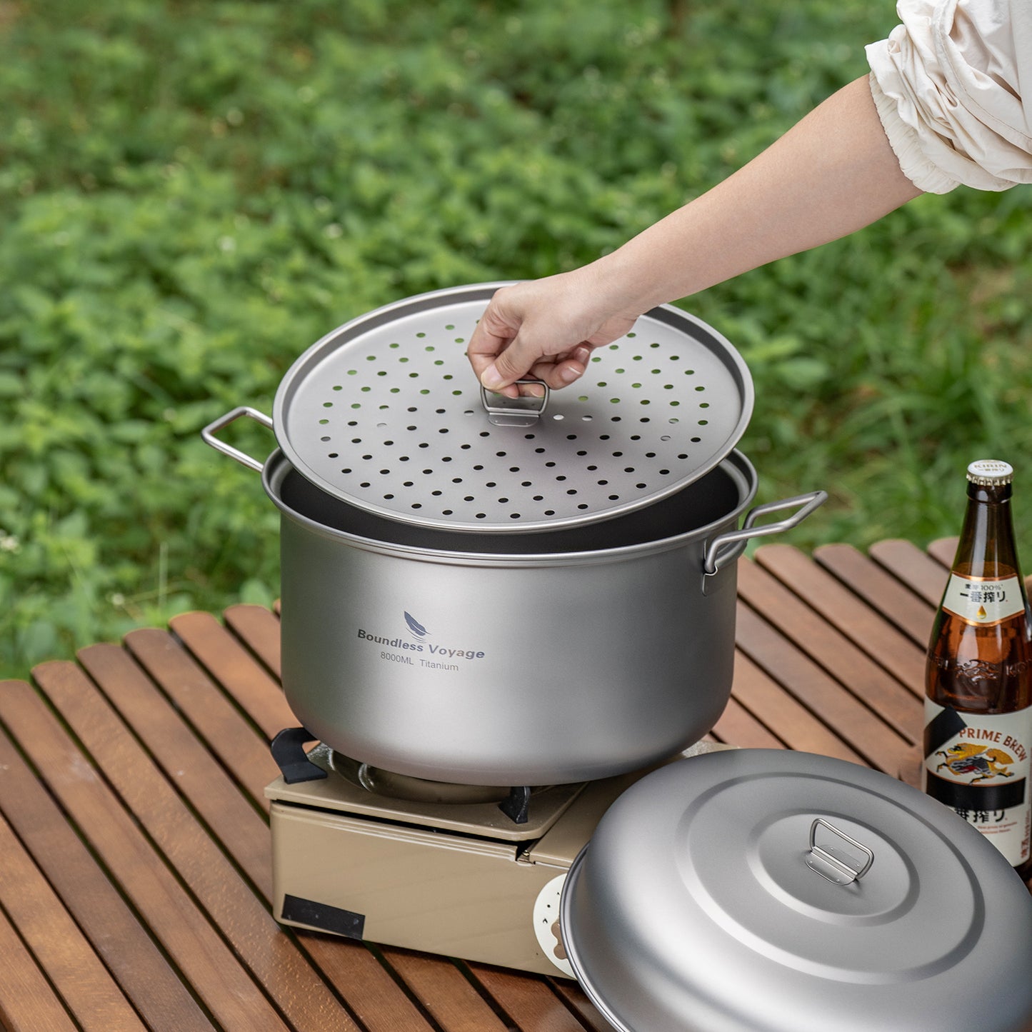 Boundless Voyage Titanium Steamer & Soup Hanging Pot, Lightweight Portable Cookware Kit for Outdoor Camping Hiking Picnic Travel & Household Kitchen Ti2115C