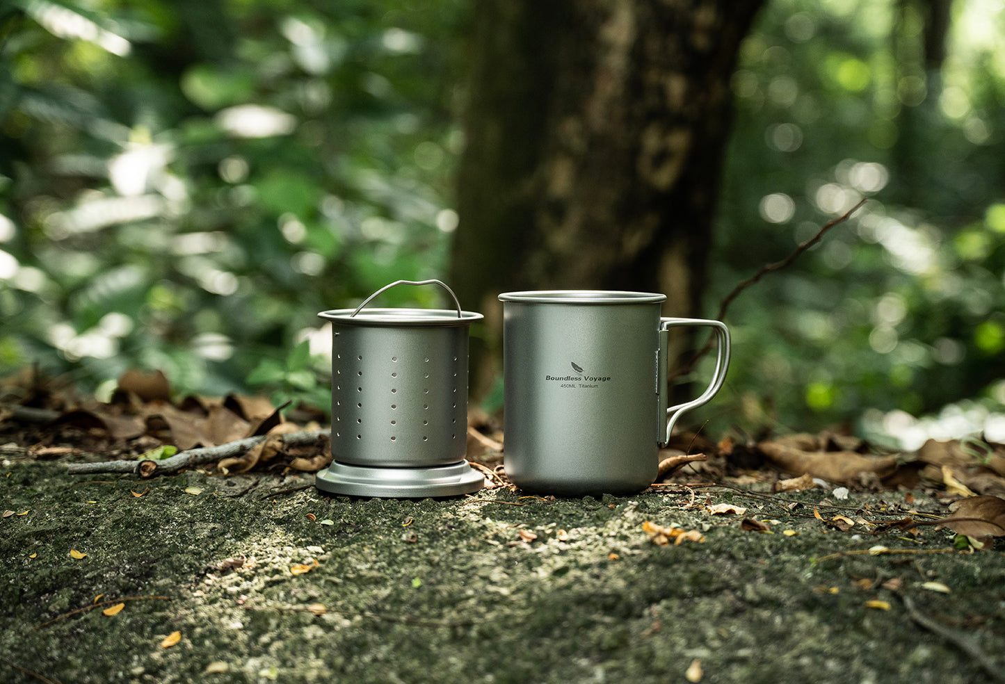 Boundless Voyage 450ml Titanium Cup with Filter Folding Handles Outdoor Camping Tea Coffee Mug 15.2 fl oz Portable Lightweight Tea Maker Ti3056D
