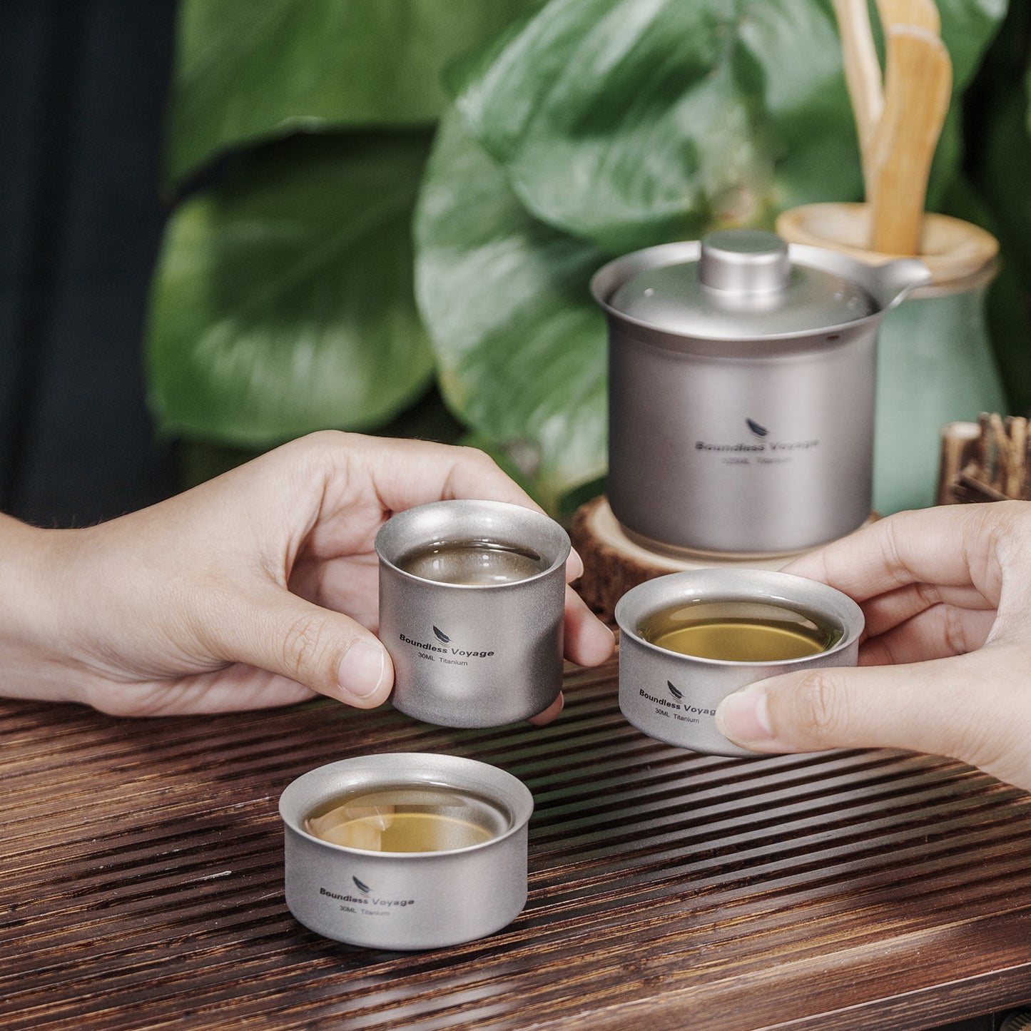 Boundless Voyage Titanium Double-Layer Tea Maker Set, Comes with 3Pcs 30ml Mini Tea Cups, Ultralight Portable Complete Tea Set for Outdoor Camping Travel Tea Brewing Ti3149D