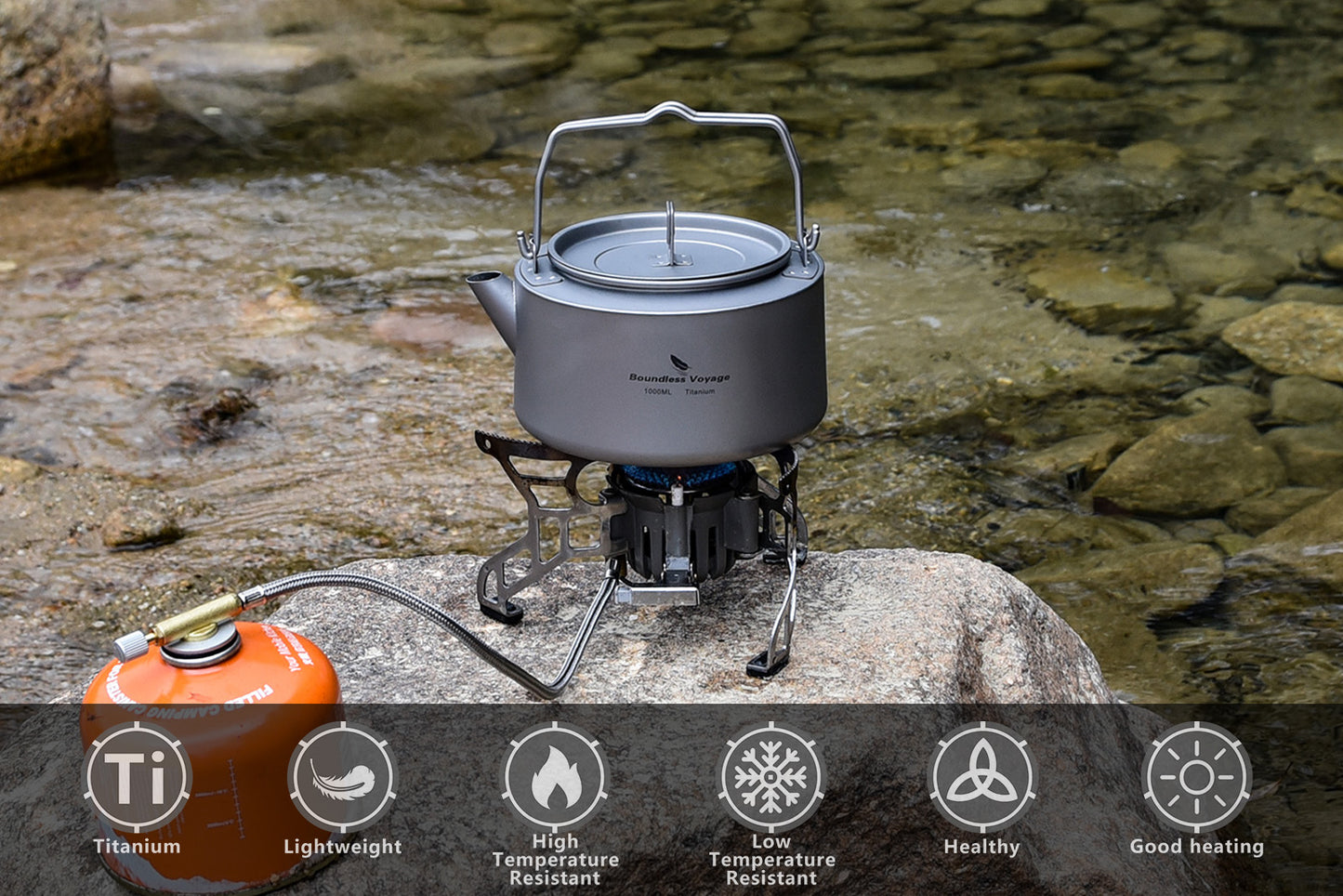 Boundless Voyage 1L Pure Titanium Camping Kettle | Ultralight Coffee Teapot with Foldable Handle & Tea Filter for Boiling Water, Coffee & Tea Ti3098D