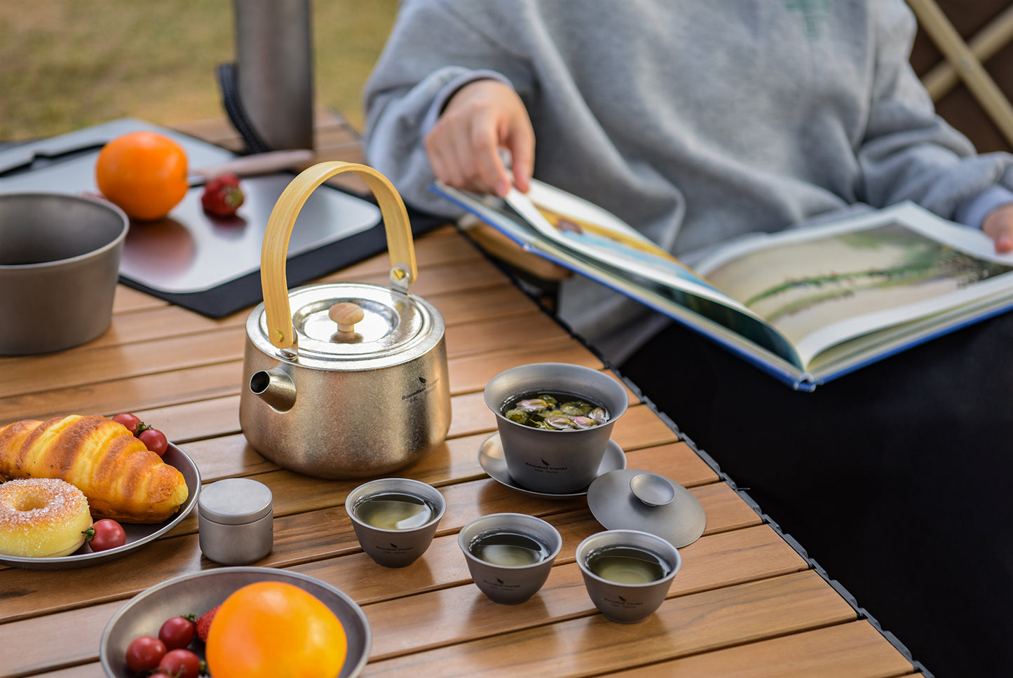 Boundless Voyage Double Walled Titanium Gaiwan, Traditional Chinese Kung Fu Tea Bowl with Lid & Saucer, Ultralight Durable Portable Tea Set for Home Tea Ceremony & Outdoor Camping Ti3123D-Ti3124D