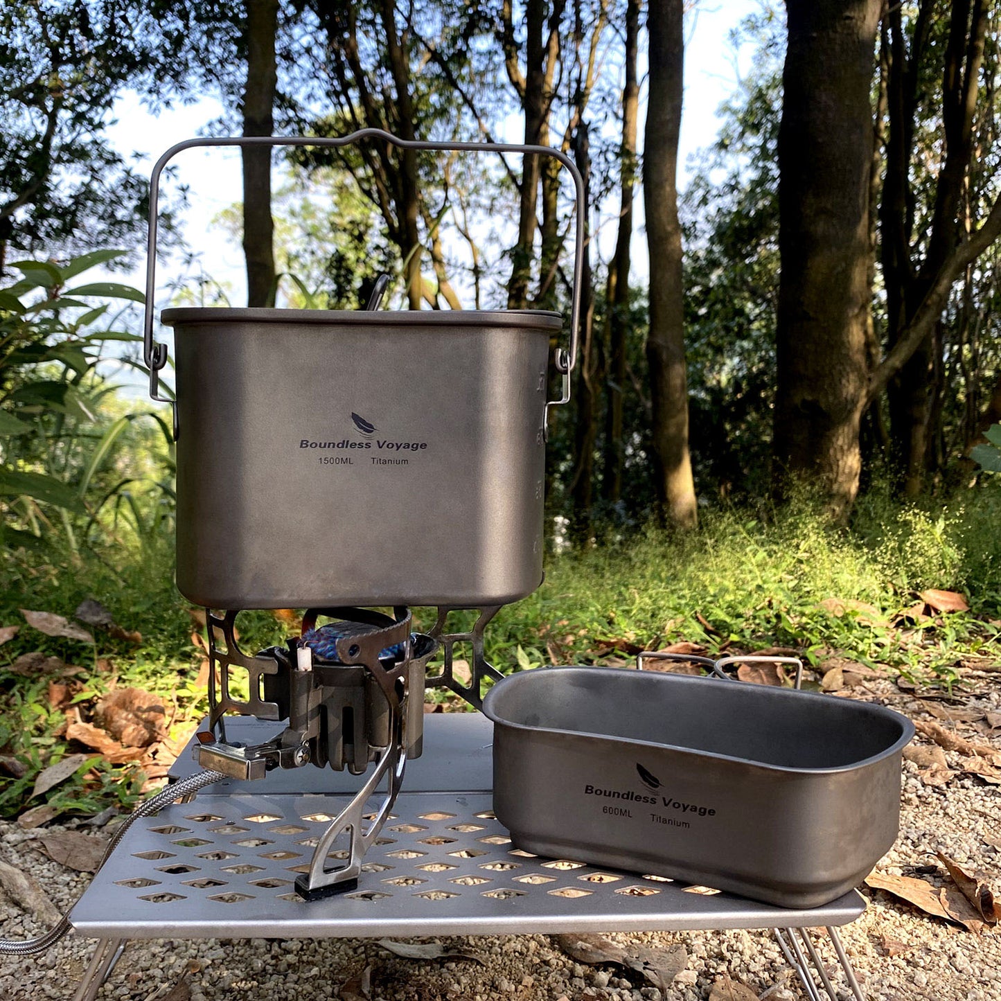 Boundless Voyage Titanium Hanging Cookware Set, 1500ml Pot + 600ml Cup with Lid & Foldable Handles, Ultralight Portable Outdoor Camping Mess Kit Ti2059C