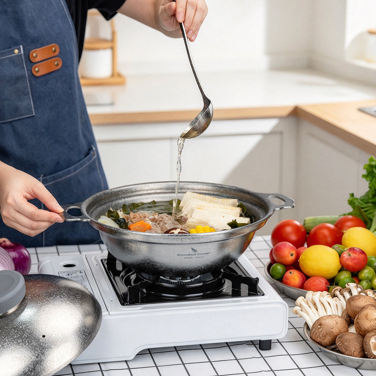 Ldling broth into simmering titanium hot pot on tabletop gas cooker