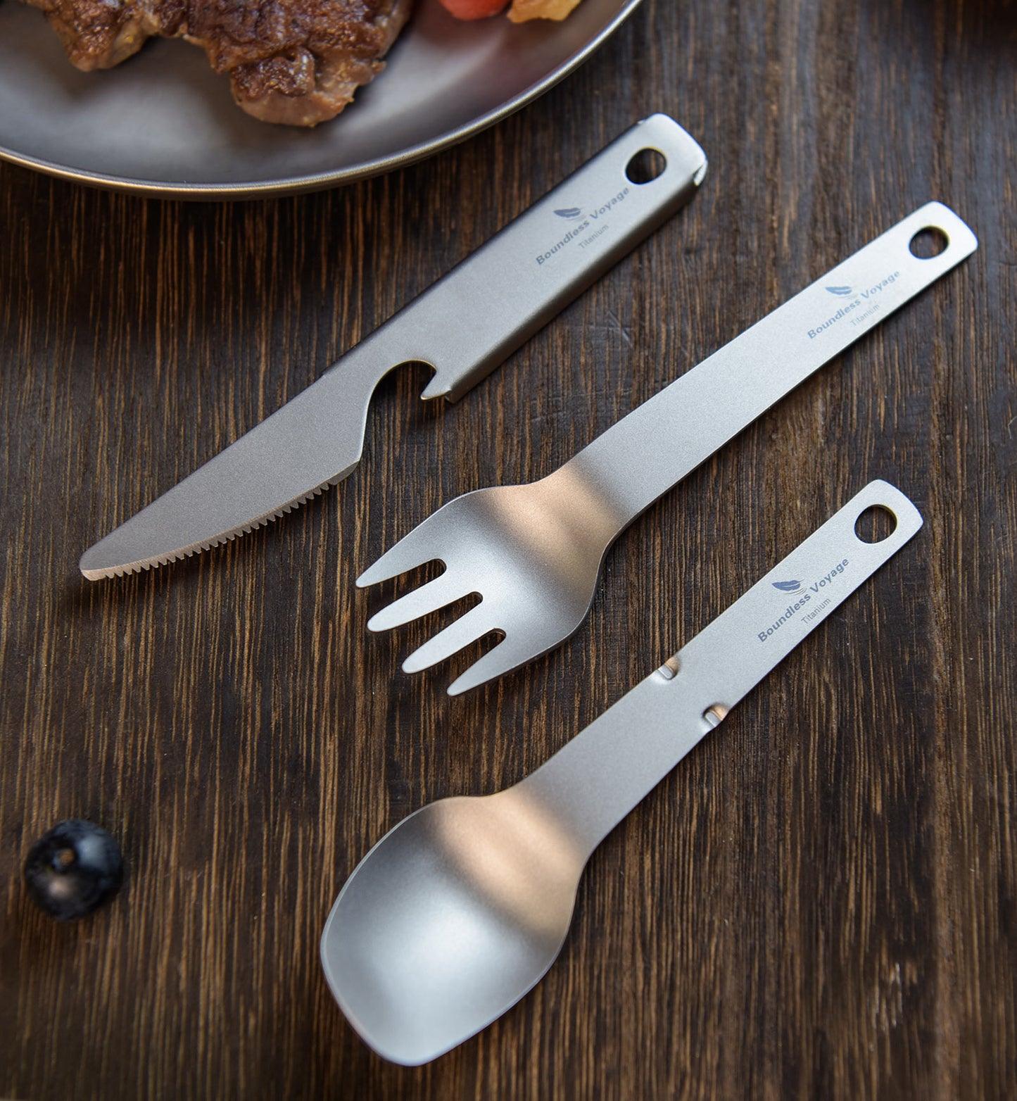 Boundless Voyage Titanium Tableware Set, Lightweight Portable Reusable Flatware with Knife Fork Spoon & Bottle Opener, Utility Cutlery for Outdoor Camping Travel Ti1077T
