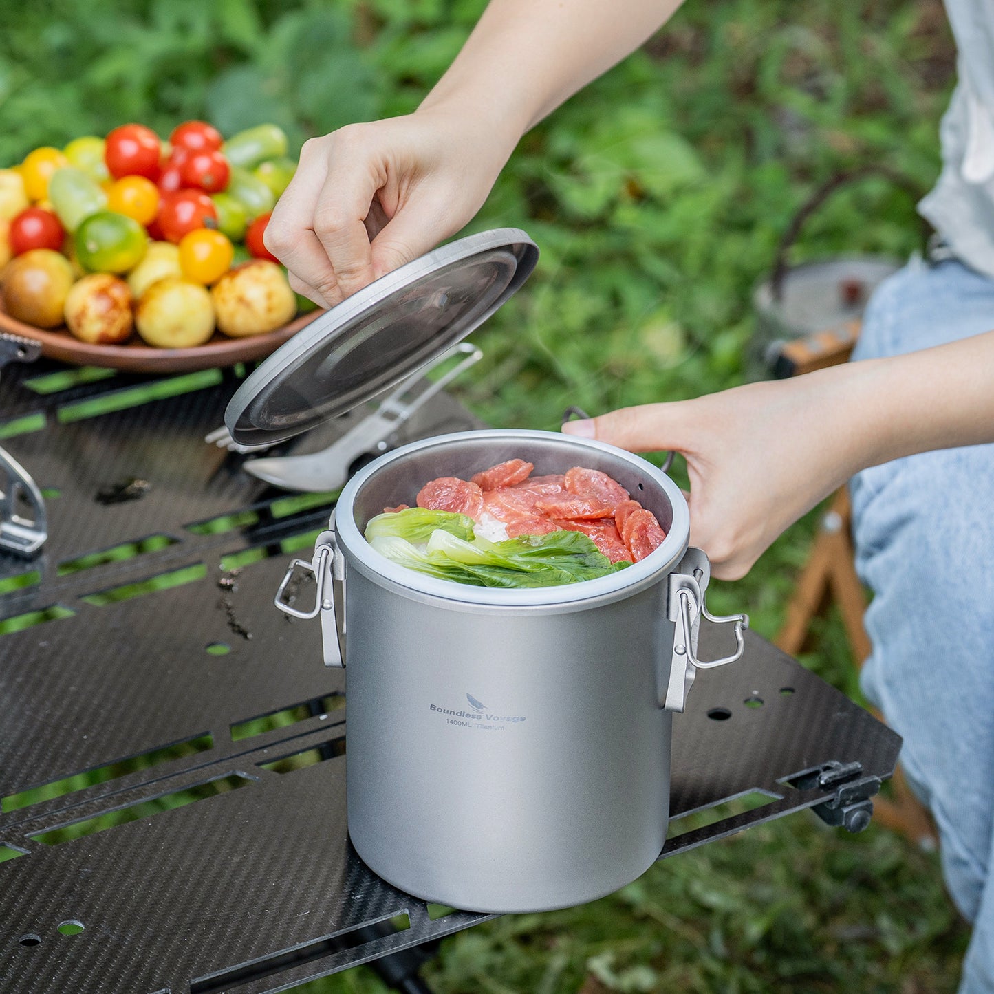 Boundless Voyage Sandblasted Matte Finish Ultralight Titanium Camping Rice Cooker Pot, 1.4L Outer Pot with 0.9L Inner Container, Portable Cookware for Hiking, Travel & Outdoor Camping Ti2093C