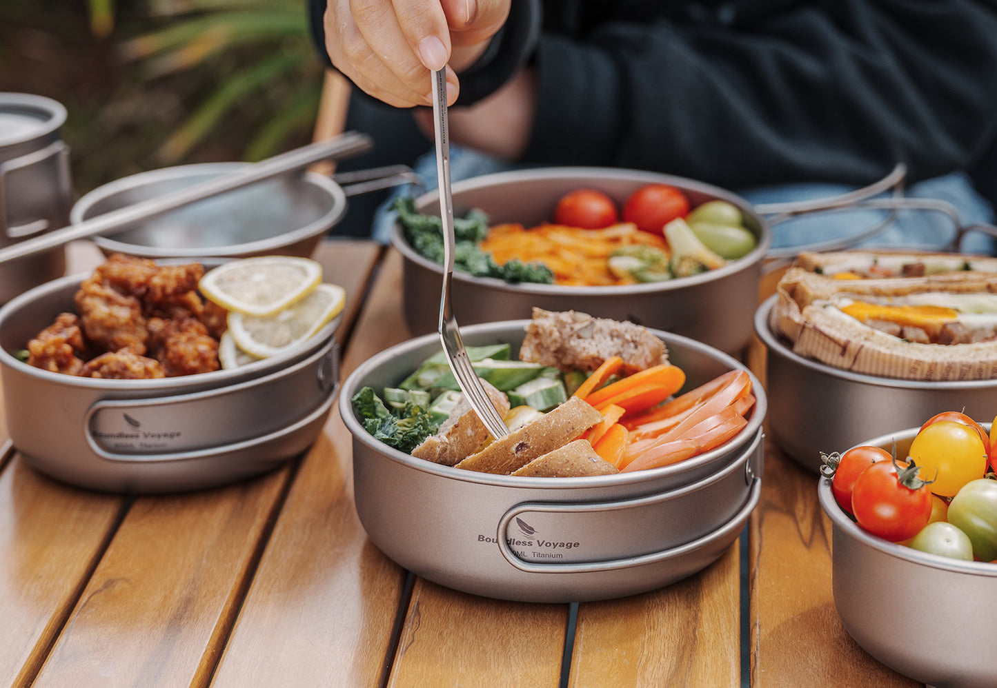 Boundless Voyage 5Pcs Pure Titanium Bowl Set with Foldable Handles, Portable Outdoor Camping Tableware Plates Dishes, 350/500/600/700/800ml Ti1096T