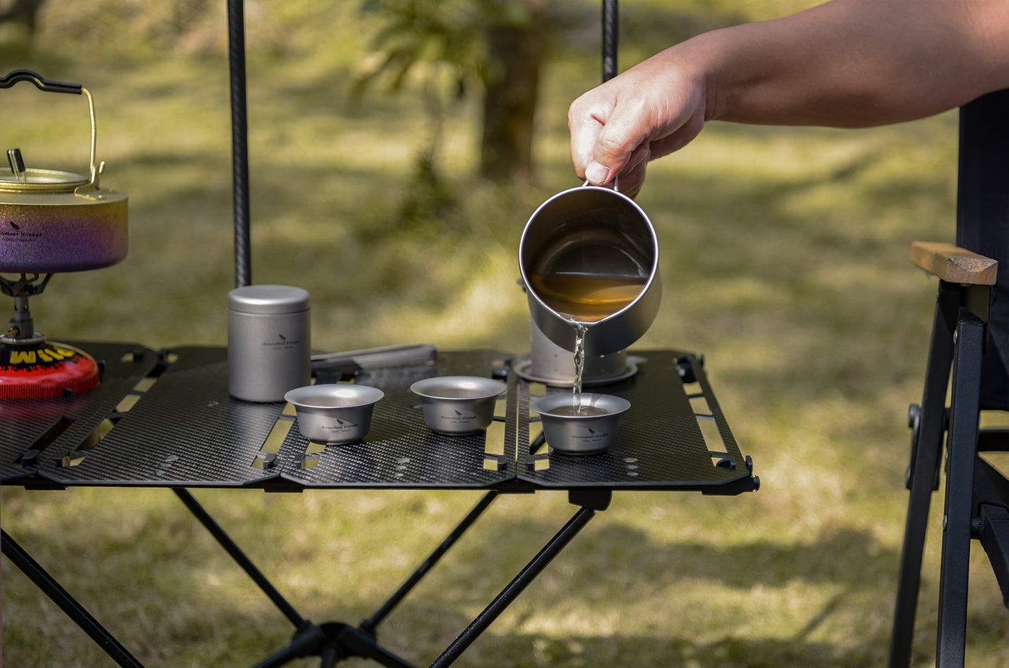 Boundless Voyage Pure Titanium Tea Mug Set, 500ml Cup with Lid, Scale & Strainer, Foldable Handle + Two 40ml Mini Teacups, Compact Camping Kit with Storage Bag Ti3126D