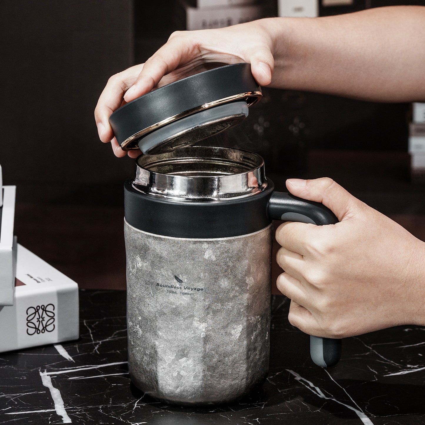 Boundless Voyage 700ml Pure Titanium Double Wall Insulated Cup with Lid & Coffee Filter, Portable Reusable Travel Mug, Keeps Hot & Cold Drinks Ti3237D