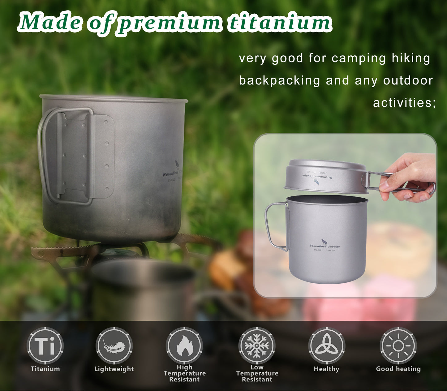 Boundless Voyage Titanium Pot & Pan Set with Folding Handle, Portable Outdoor Mess Kit Cookware for Camping Hiking Picnic Ti2053C