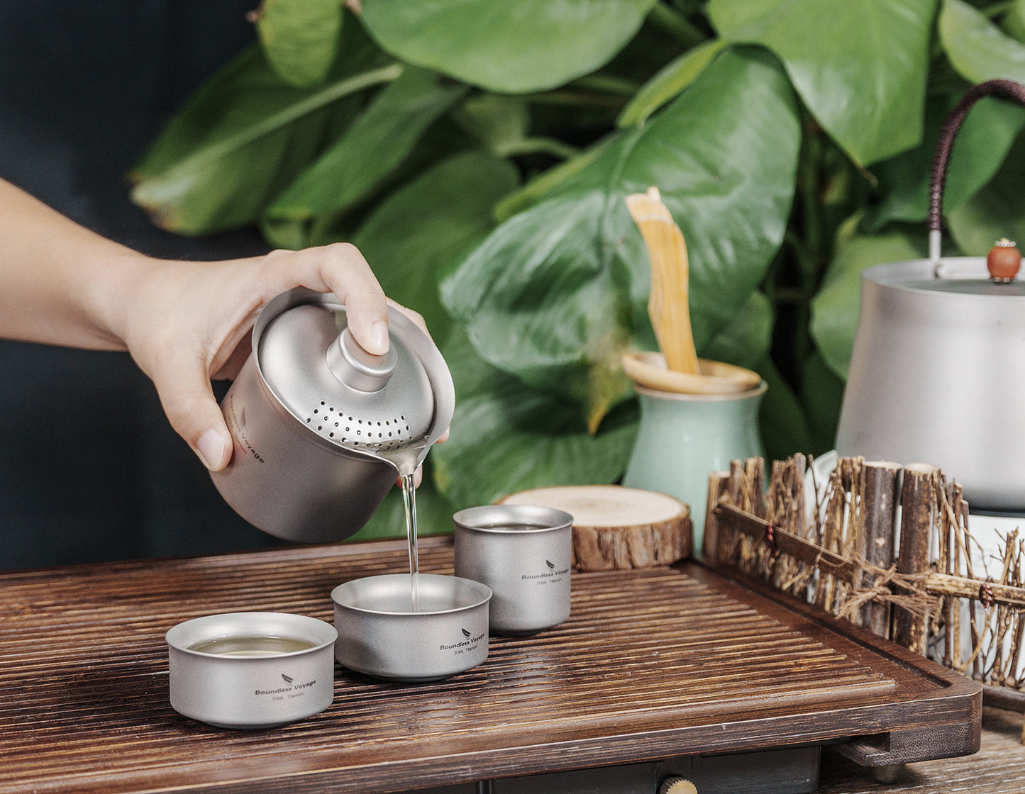 Boundless Voyage Titanium Double-Layer Tea Maker Set, Comes with 3Pcs 30ml Mini Tea Cups, Ultralight Portable Complete Tea Set for Outdoor Camping Travel Tea Brewing Ti3149D