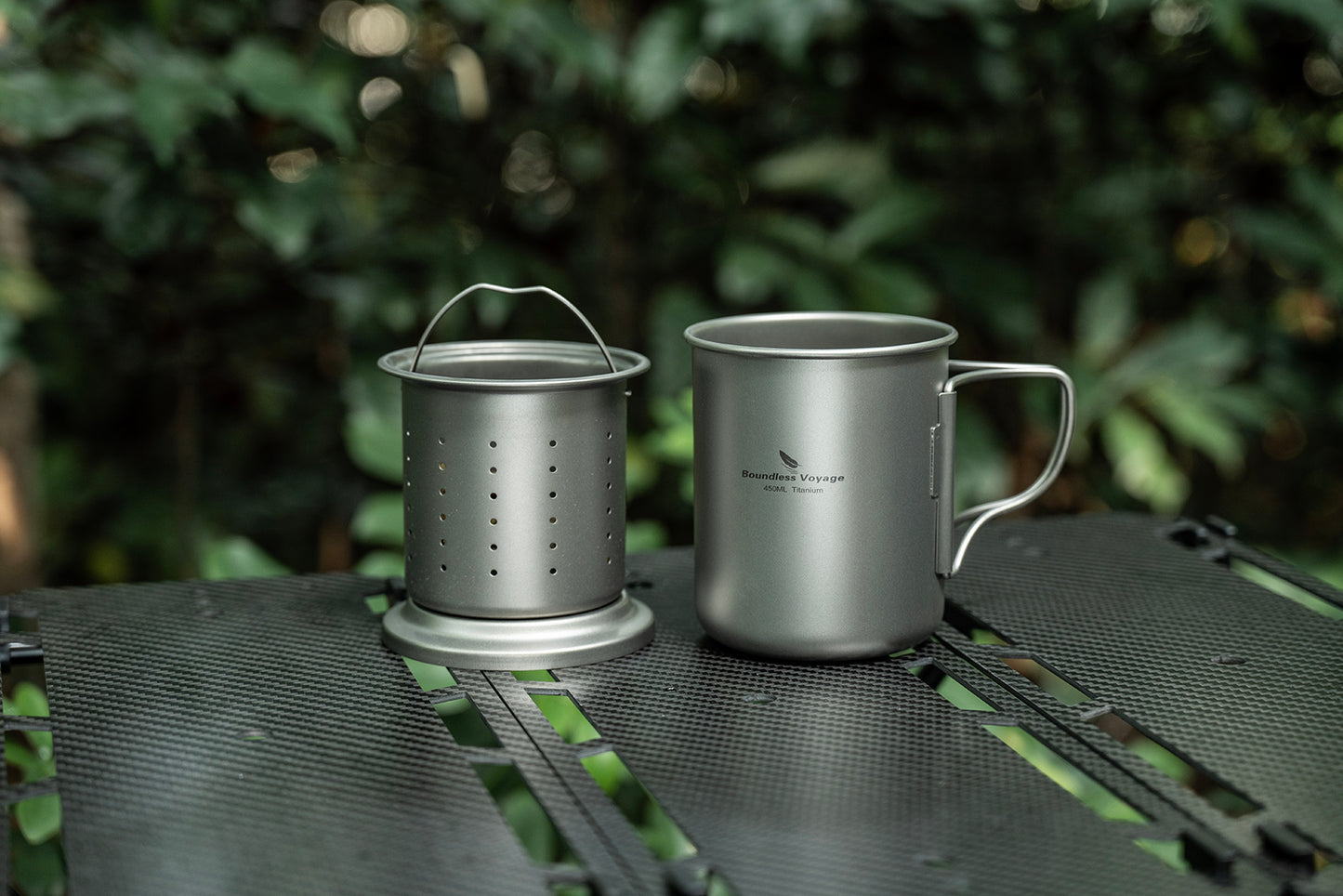 Boundless Voyage 450ml Titanium Cup with Filter Folding Handles Outdoor Camping Tea Coffee Mug 15.2 fl oz Portable Lightweight Tea Maker Ti3056D
