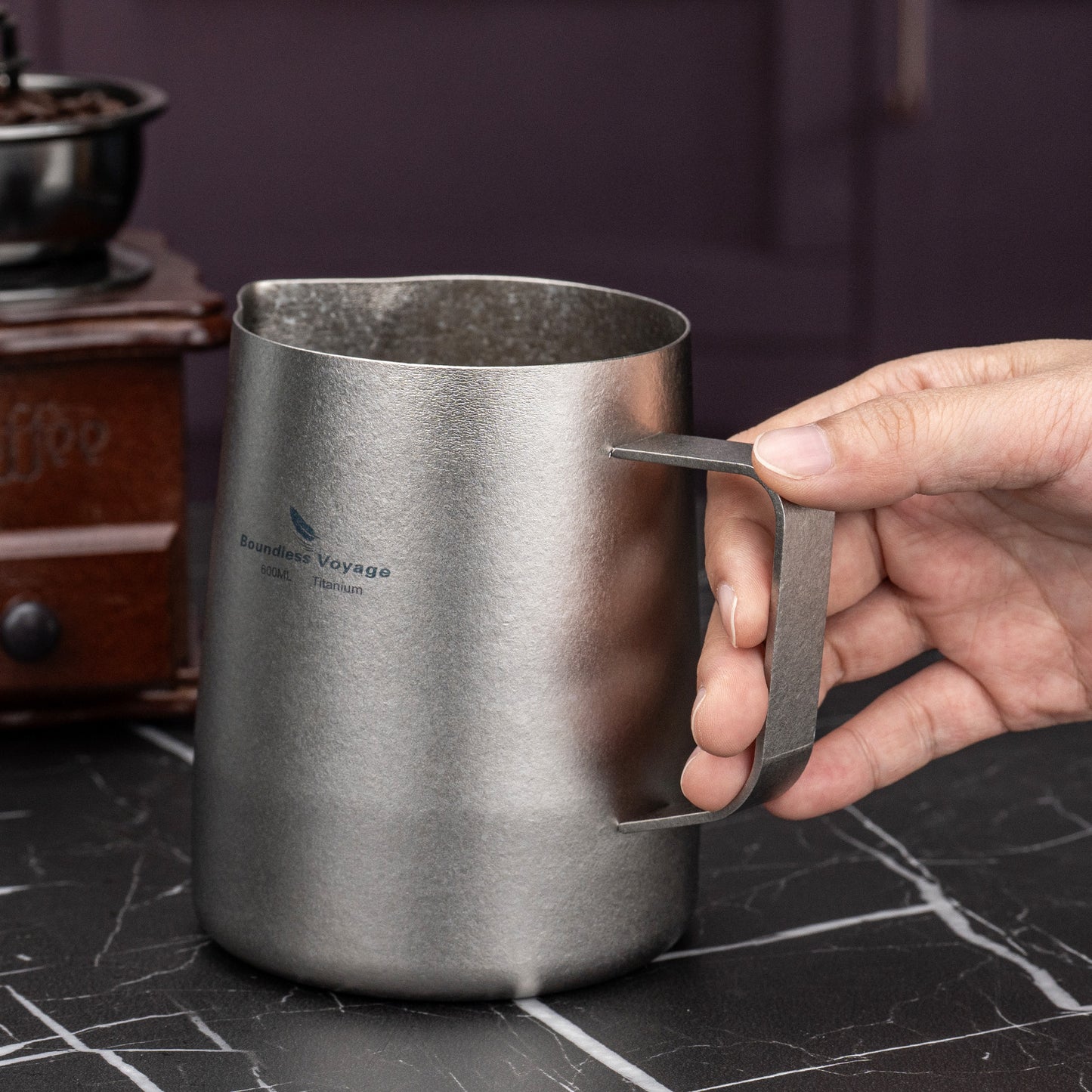 Boundless Voyage 600ml Pure Titanium Milk Frothing Pitcher, Espresso Steam Jug with Round Spout, Barista Latte Art Coffee Cup Ti3239D