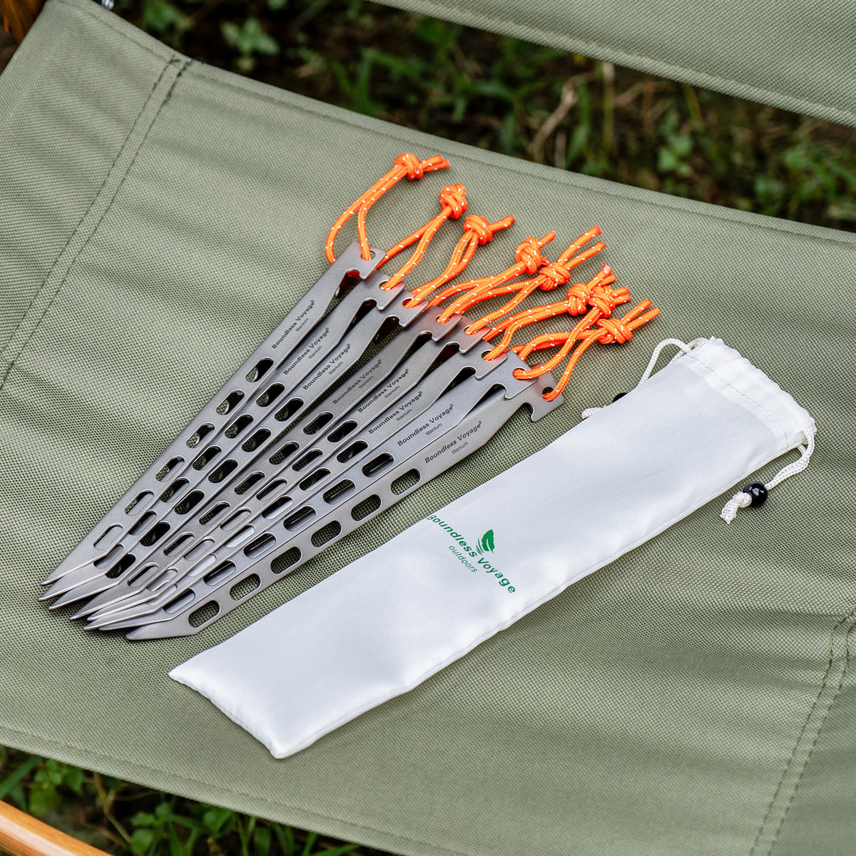 Boundless Voyage 22cm V-Shape Titanium Tent Stakes with 12-Hole Design, Ultralight Heavy Duty Ground Pegs for Camping Hiking Awning, 8Pcs Ti4011P