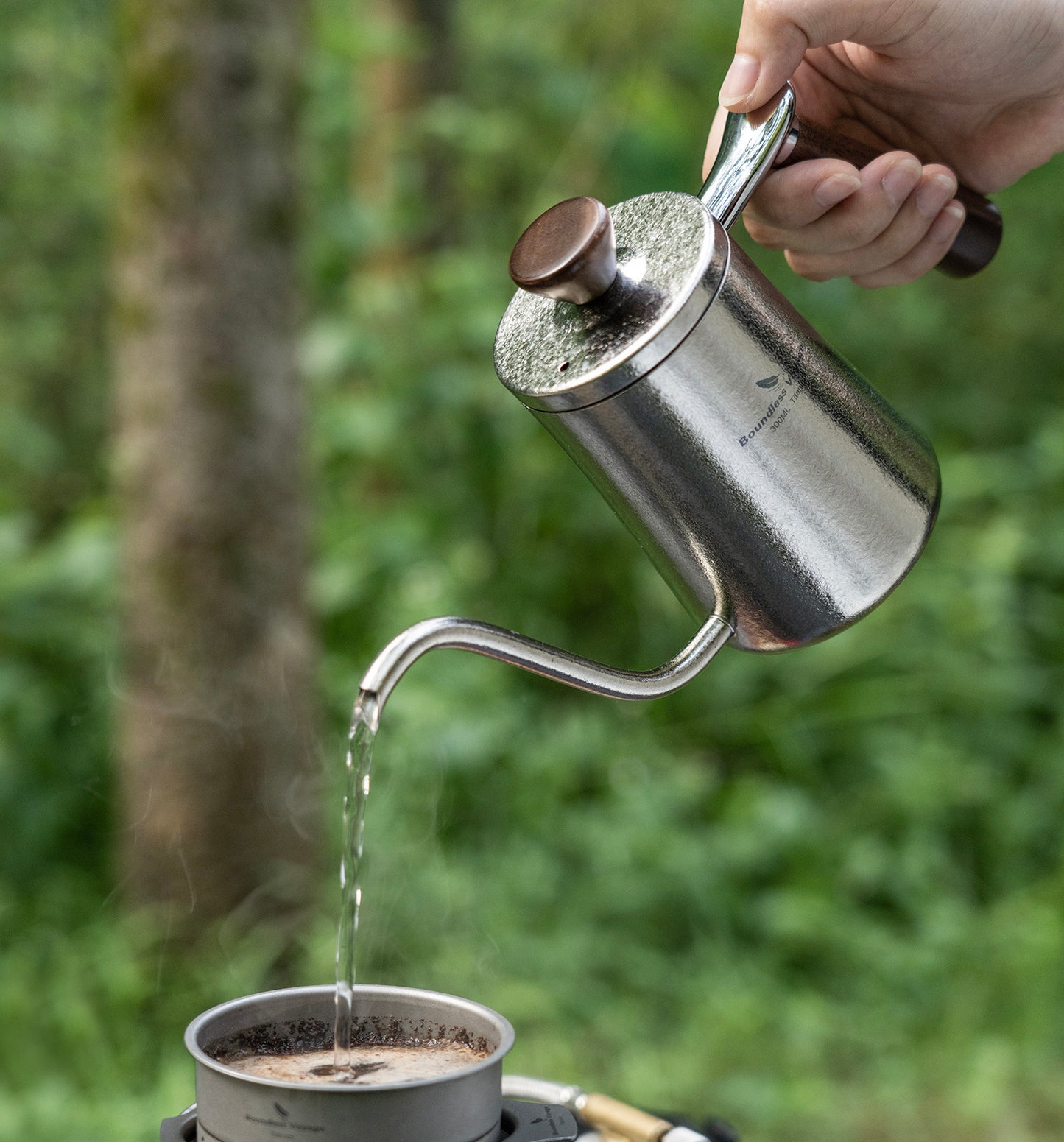 Boundless Voyage 300ml Titanium Pour Over Coffee Kettle with Wood Handle, Precision Gooseneck Spout Mini Coffee Tea Pot, Ultralight Portable Brew Gear for Home Barista, Office, Camping & Hiking Travel Ti3091D