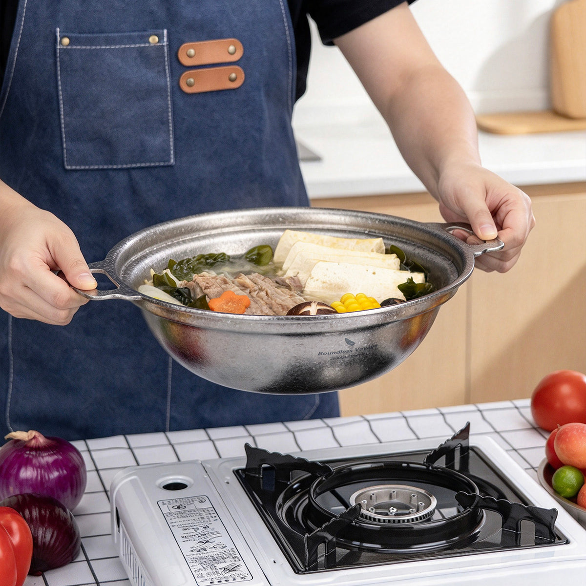 Carrying hot soup safely with dual thickened handles of Boundless Voyage pot