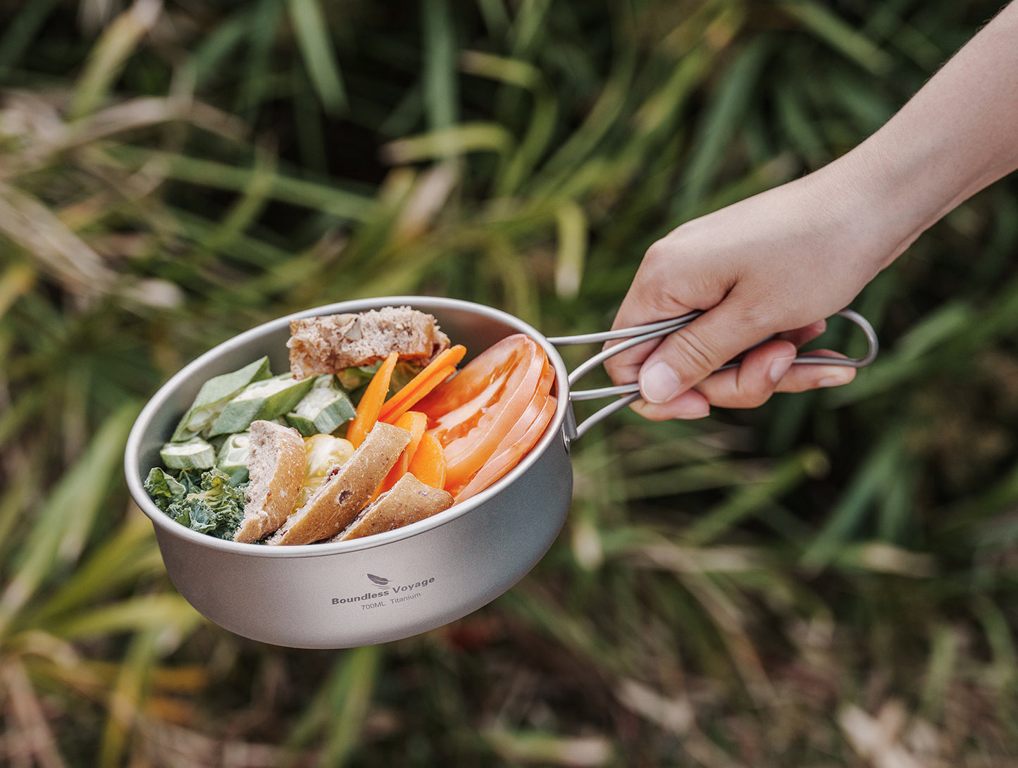 Boundless Voyage 5Pcs Pure Titanium Bowl Set with Foldable Handles, Portable Outdoor Camping Tableware Plates Dishes, 350/500/600/700/800ml Ti1096T