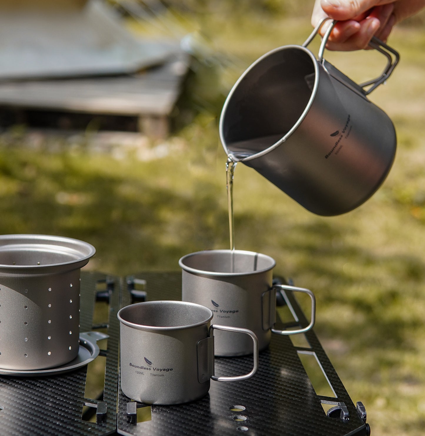 Boundless Voyage Ultralight Titanium Camping Pot Set, 500ml Mug with Portable Foldable Handles & 2pcs Small Cups, Outdoor Cookware for Hiking Backpacking Travel Ti3127D