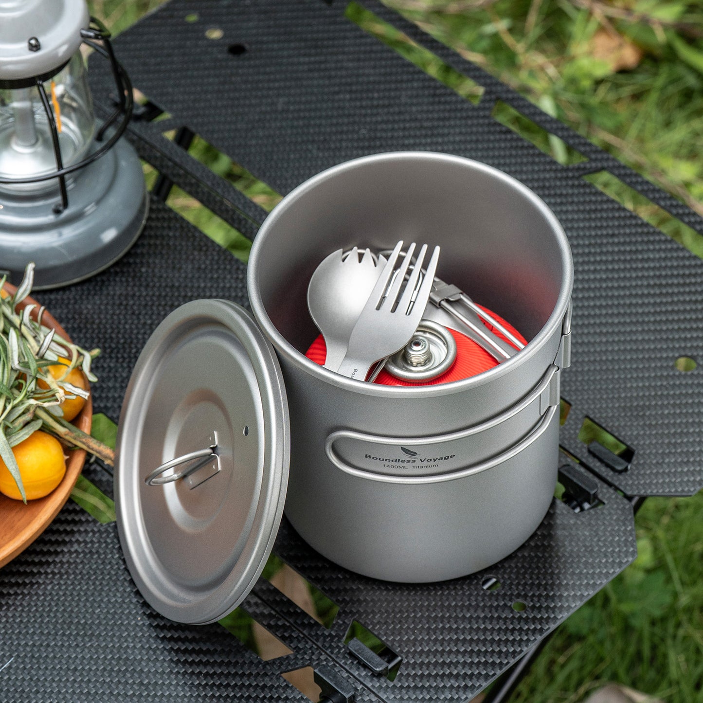 Boundless Voyage 1400ml Pure Titanium Camping Pot | Ultralight Backpacking Cookware with Lid & Foldable Handle for Hiking Camping