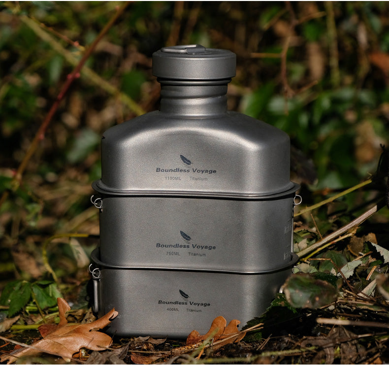 Boundless Voyage Titanium Military Canteen Cups Set Outdoor Camping Water Bottle Bowl Kettle Cooking Set Mess Kit Ti2047C-Ti2049C