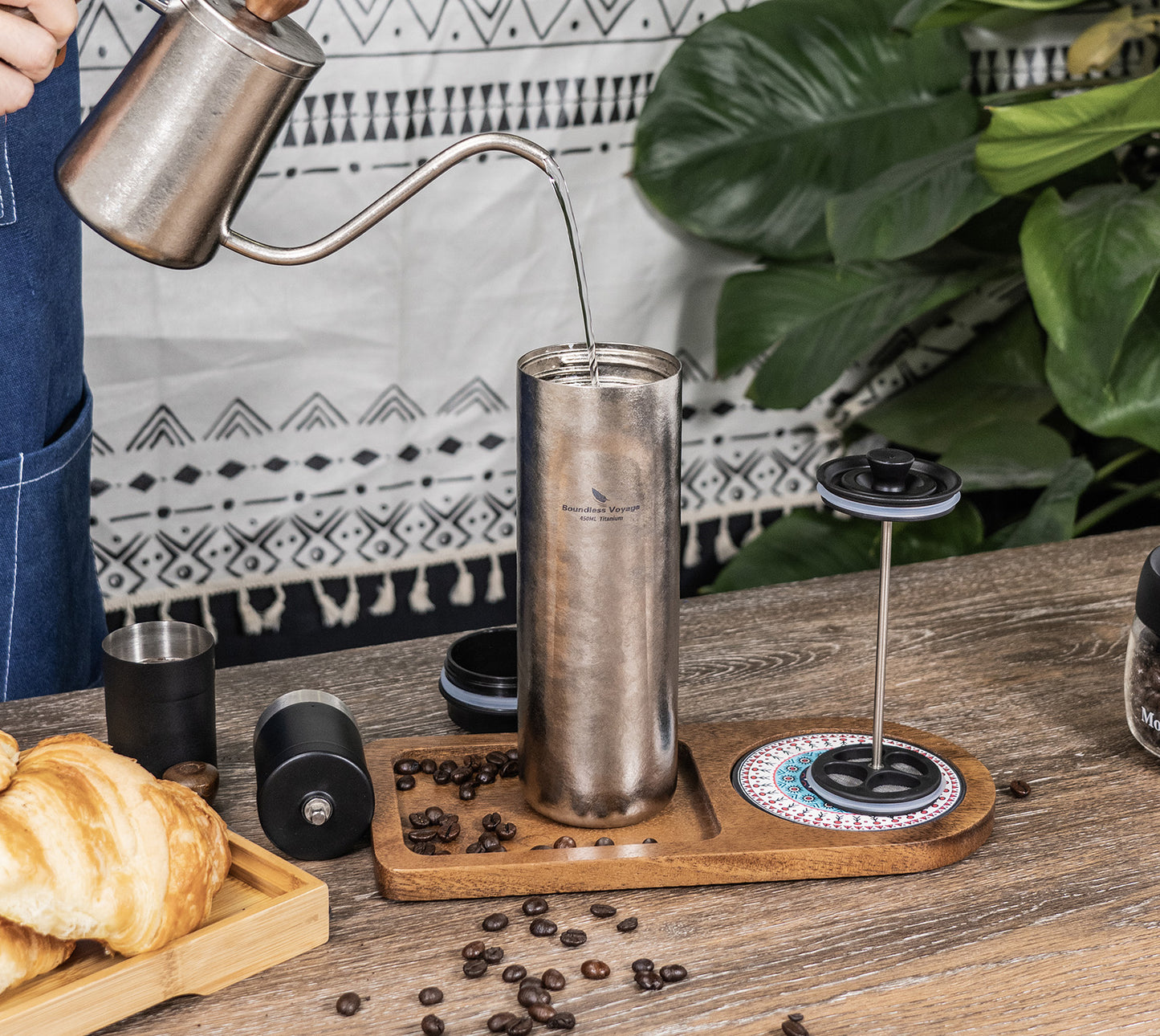 Boundless Voyage 450ml Double-Walled Insulated Titanium French Press Coffee Tumbler with Lid, Portable Filter Coffee Mug for Travel Daily Use Ti3255D