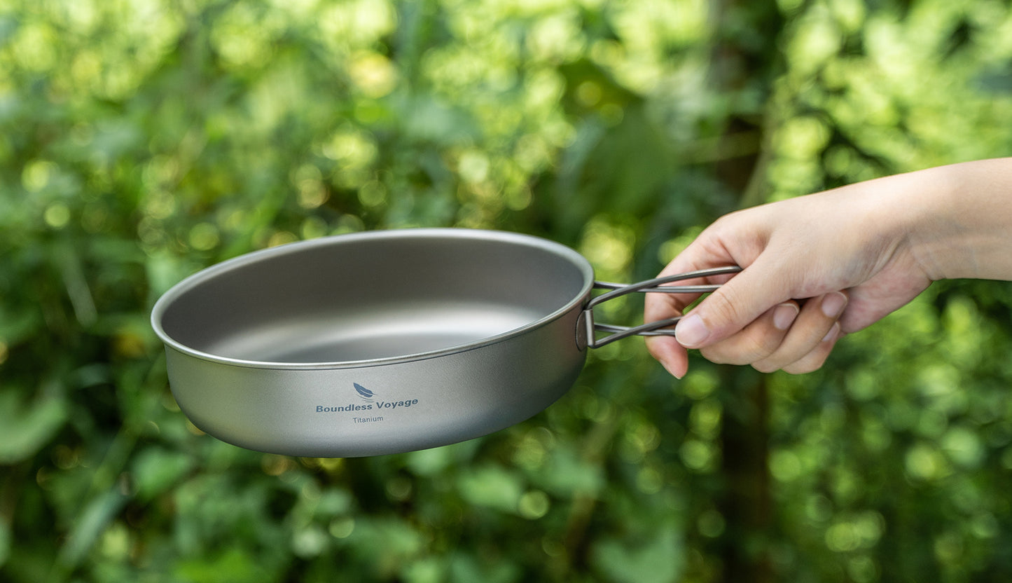 Boundless Voyage 18cm Pure Titanium Frying Pan with Foldable Handle, Ultralight Outdoor Camping Skillet for Solo Hiking & Picnic Ti2063C