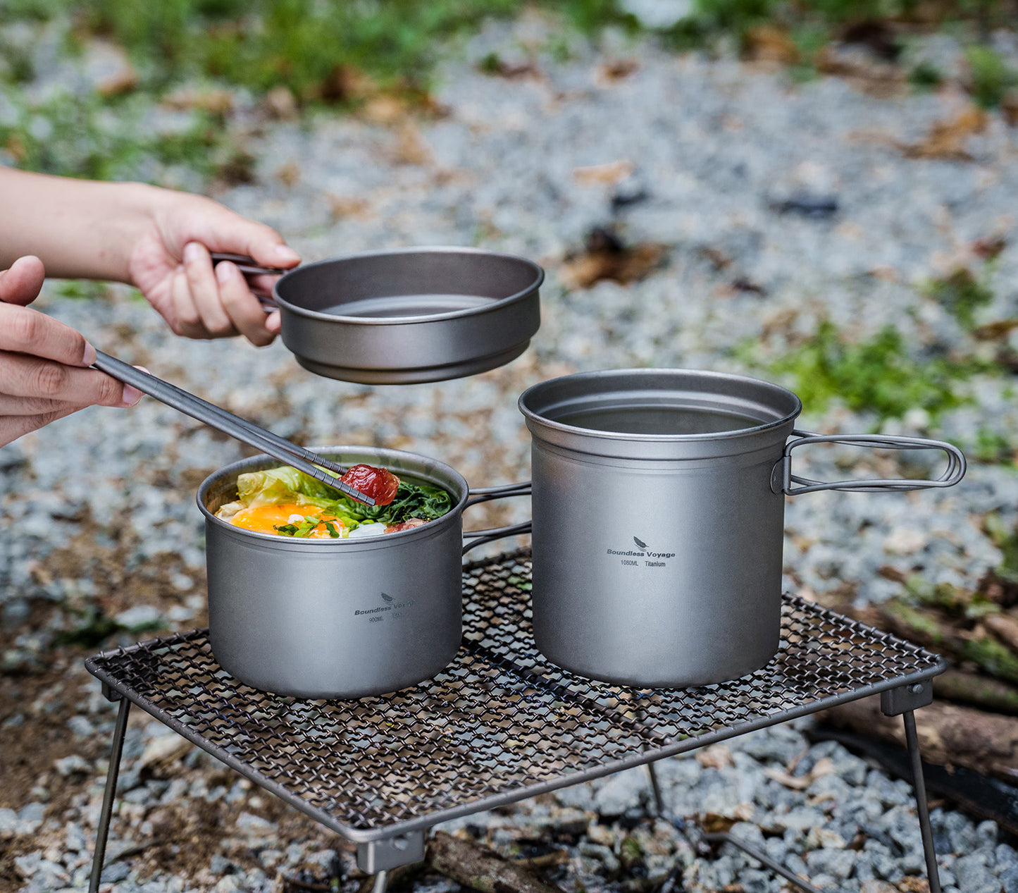 Boundless Voyage Titanium Camping Pots & Pans Set Foldable Handle, 500ml 900ml 1080ml Ultralight Cookware Kit for 1-2 Person Hiking Picnic Ti2034C/Ti2035C/Ti2036C