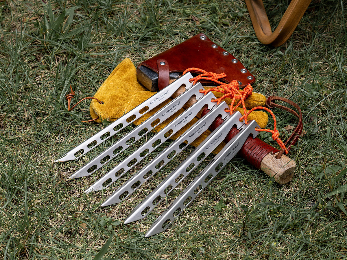 Boundless Voyage 22cm V-Shape Titanium Tent Stakes with 12-Hole Design, Ultralight Heavy Duty Ground Pegs for Camping Hiking Awning, 8Pcs Ti4011P