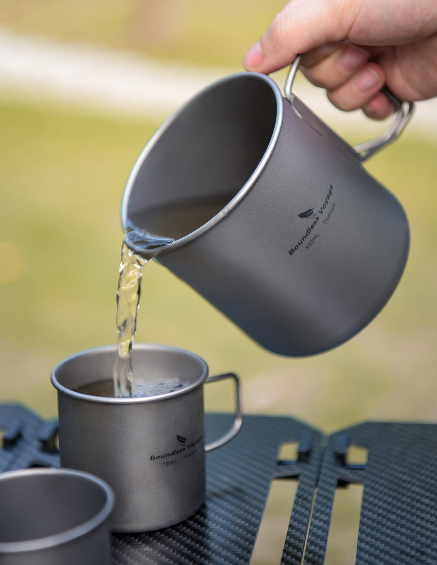 Boundless Voyage Ultralight Titanium Camping Pot Set, 500ml Mug with Portable Foldable Handles & 2pcs Small Cups, Outdoor Cookware for Hiking Backpacking Travel Ti3127D