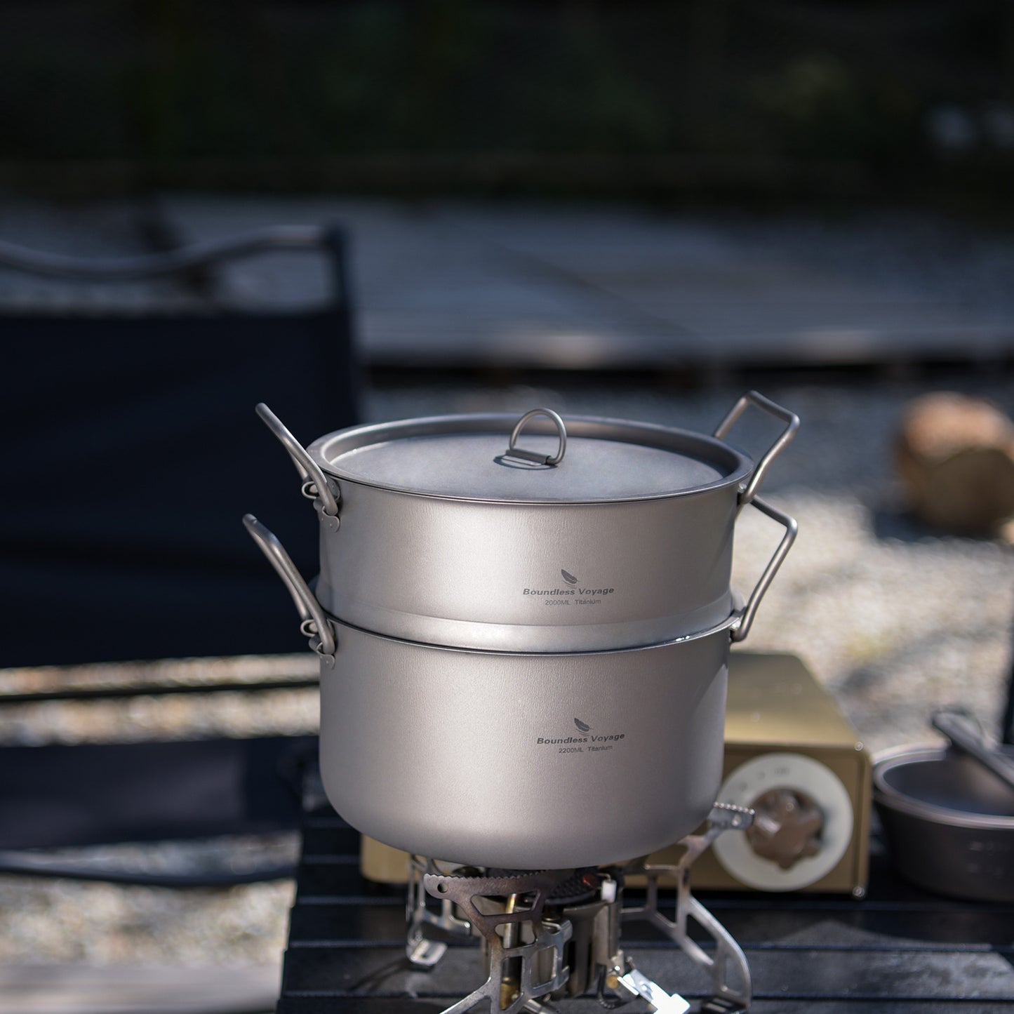 Boundless Voyage Titanium Soup Pot & Steamer Set 2.2L, Foldable Handle Camping Cookware for Hiking Kitchen Ti2111C