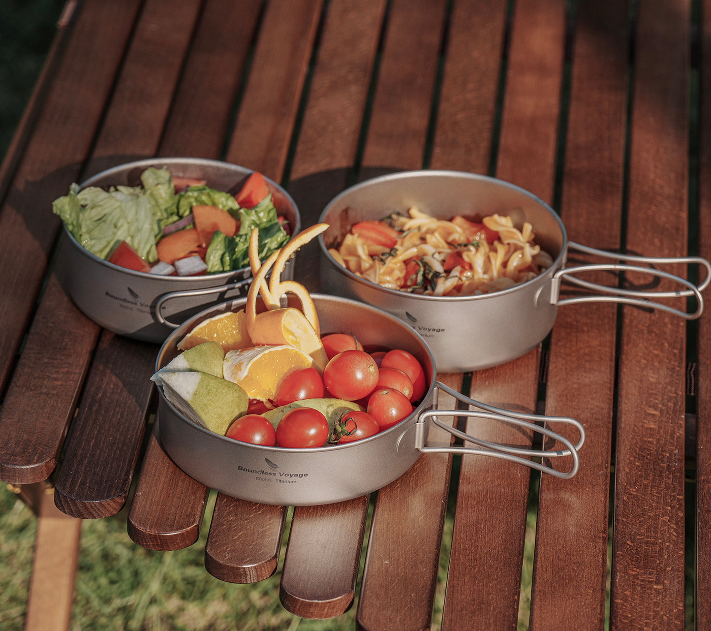 Boundless Voyage Pure Titanium Camping Cookware Set 3Pcs Foldable Handle Stackable Outdoor Tableware Pot Pan Set Ti2032C