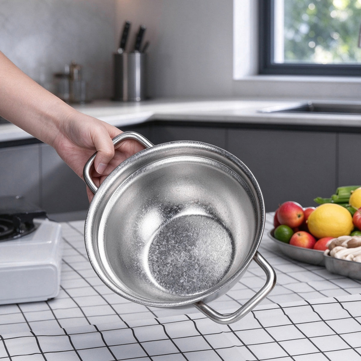 Holding Boundless Voyage 1.2L titanium cooking pot showing smooth round bottom interior