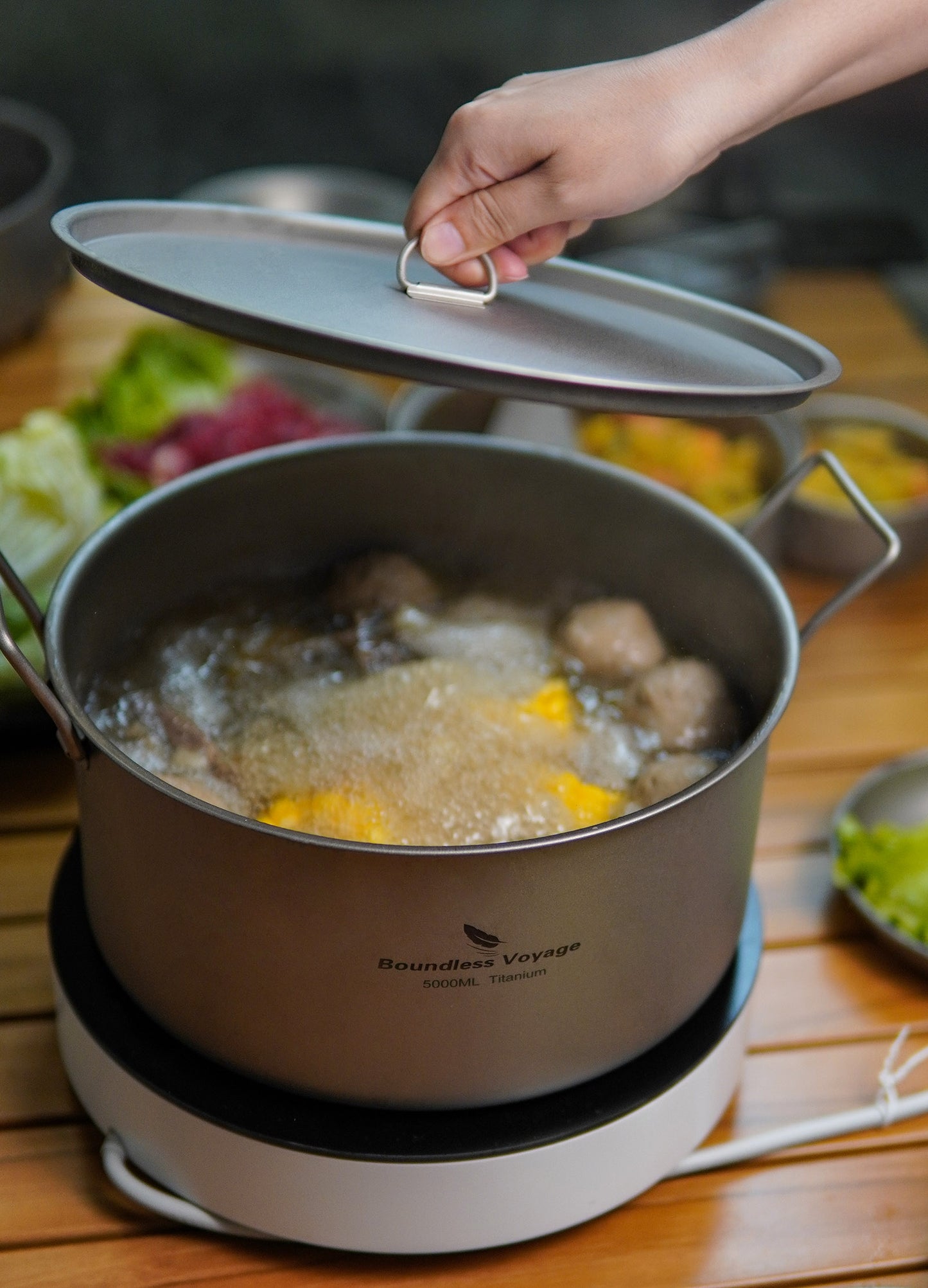 Boundless Voyage 5L Titanium Stock Pot with Lid & Folding Handle, Large Capacity Portable Soup Pot for Outdoor Camping Hiking Picnic & Home Kitchen Ti2104C