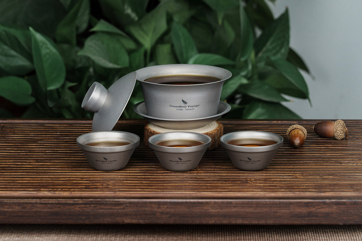 Boundless Voyage 125ml Sandblasted Finish Titanium Double-Walled Teapot, Traditional Chinese Three-Talent Triad Covered Tea Bowl Kung Fu Gaiwan,Anti-Scald Tea Set for Home Tea Ceremony & Camping Ti3142D