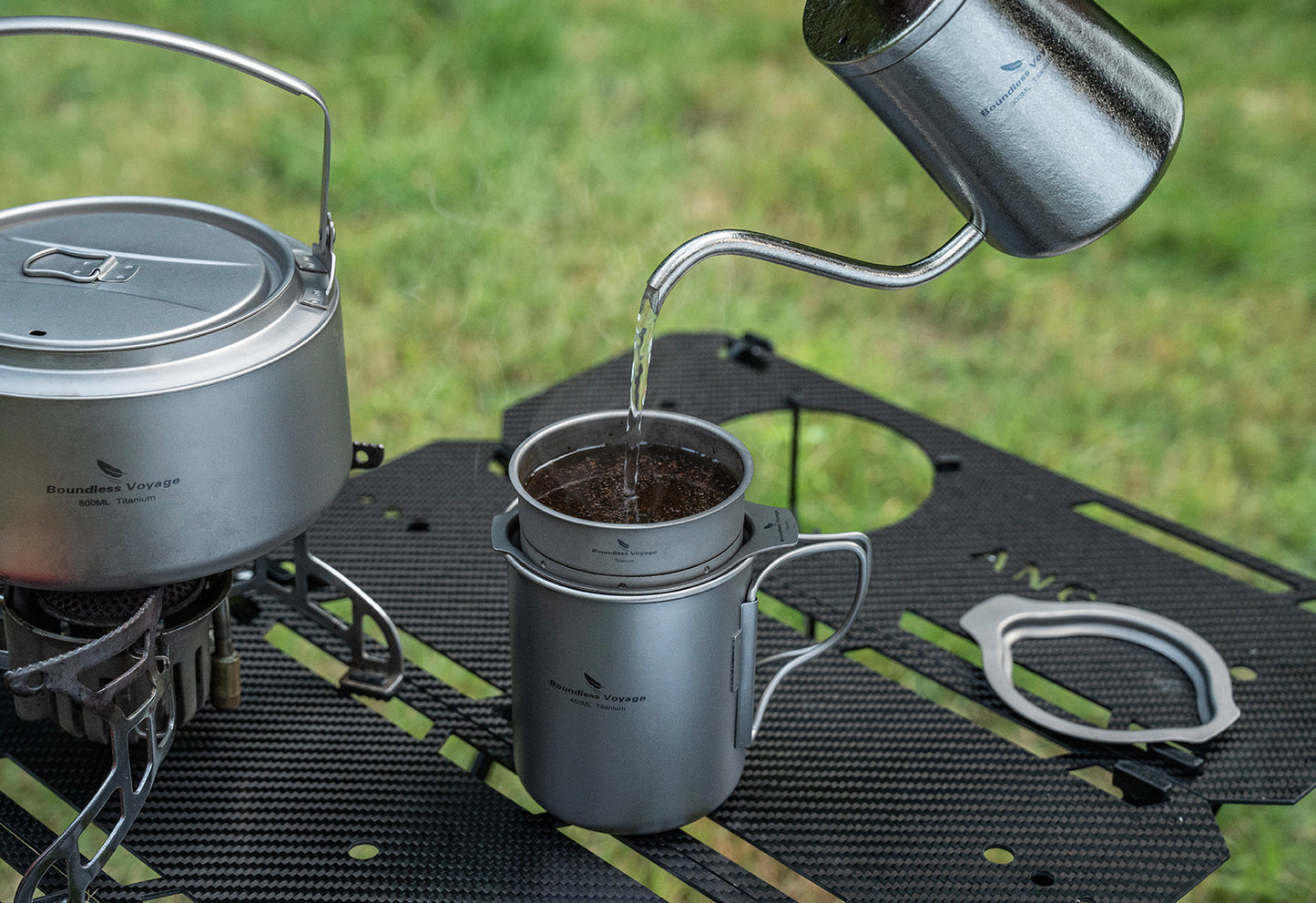 Boundless Voyage 300ml Titanium Pour Over Coffee Kettle with Wood Handle, Precision Gooseneck Spout Mini Coffee Tea Pot, Ultralight Portable Brew Gear for Home Barista, Office, Camping & Hiking Travel Ti3091D