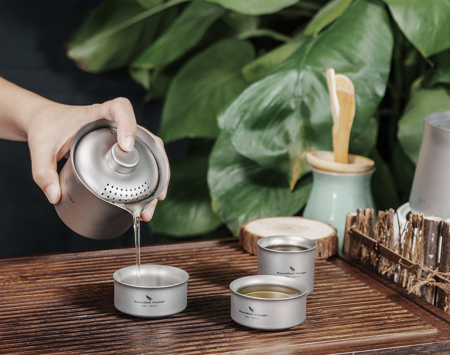 Boundless Voyage Titanium Double-Layer Tea Maker Set, Comes with 3Pcs 30ml Mini Tea Cups, Ultralight Portable Complete Tea Set for Outdoor Camping Travel Tea Brewing Ti3149D
