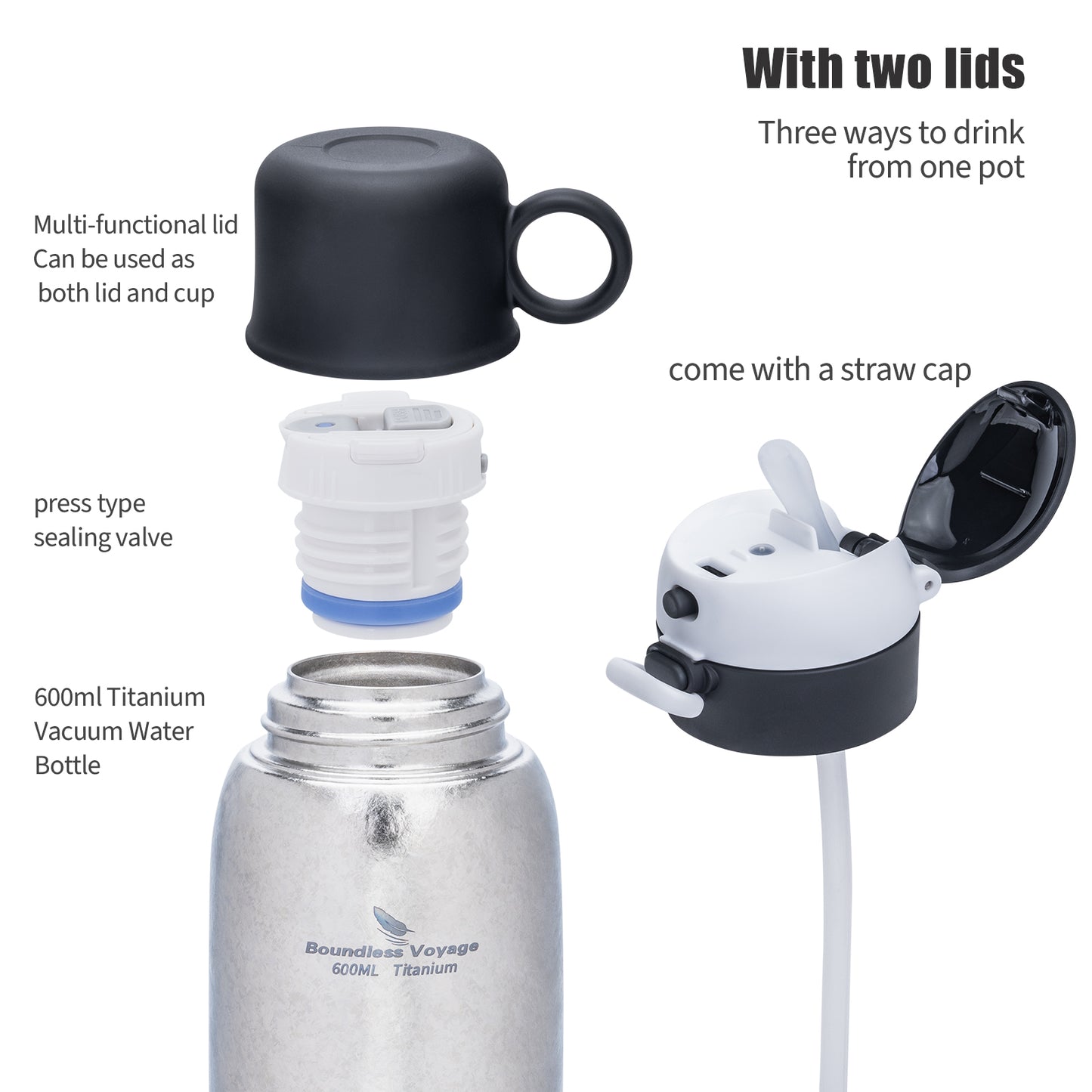 Boundless Voyage 630ml Double-Wall Vacuum Titanium Water Bottle, Leakproof Lightweight Coffee Sport Bottle for Travel, Outdoor & Office Ti3254D