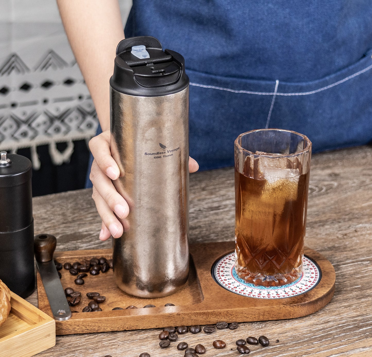 Boundless Voyage 450ml Double-Walled Insulated Titanium French Press Coffee Tumbler with Lid, Portable Filter Coffee Mug for Travel Daily Use Ti3255D