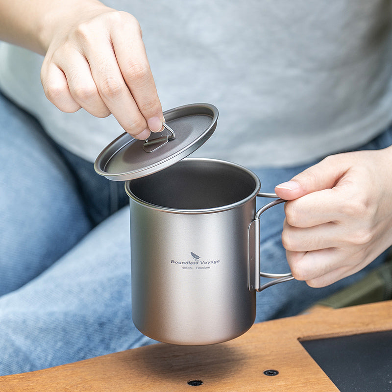 Boundless Voyage Titanium Camping Cup with Lid 300ml 450ml 750ml Stackable Lightweight Mug Pot for Backpacking, Hiking, Travel Durable Portable Cookware for Ultralight Outdoor Enthusiasts 3247-3250D