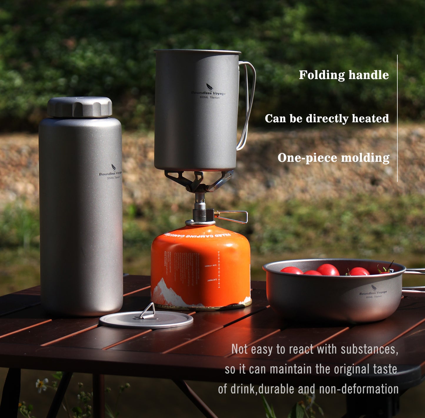 Boundless Voyage 1050ml Titanium Water Bottle with 600ml Flat Lid Nesting Cup, Portable Pure Titanium Survival Canteen Mug Kit, Lightweight Travel Tableware for Hiking Bushcraft Picnic Ti3007D