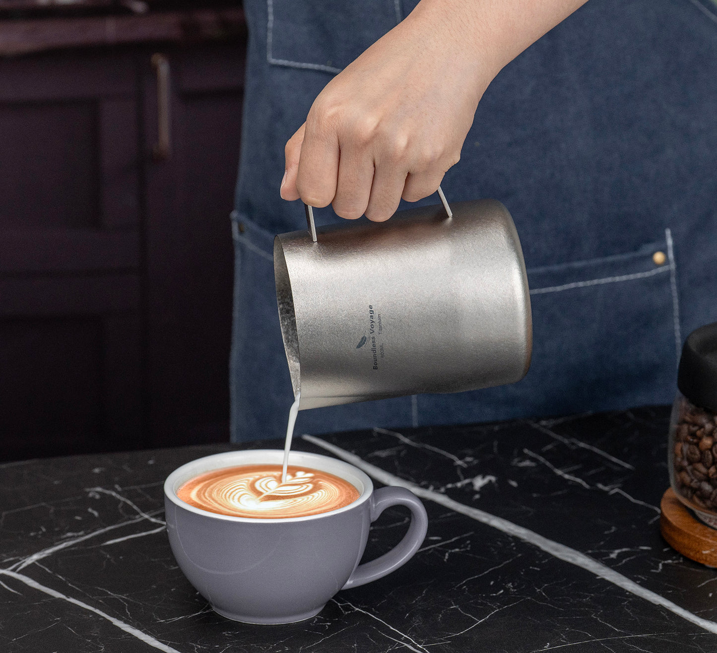 Boundless Voyage 600ml Pure Titanium Milk Frothing Pitcher, Espresso Steam Jug with Round Spout, Barista Latte Art Coffee Cup Ti3239D