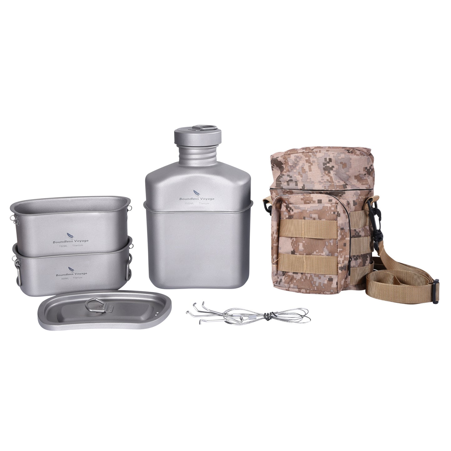 Boundless Voyage Titanium Military Canteen Cups Set Outdoor Camping Water Bottle Bowl Kettle Cooking Set Mess Kit Ti2047C-Ti2049C