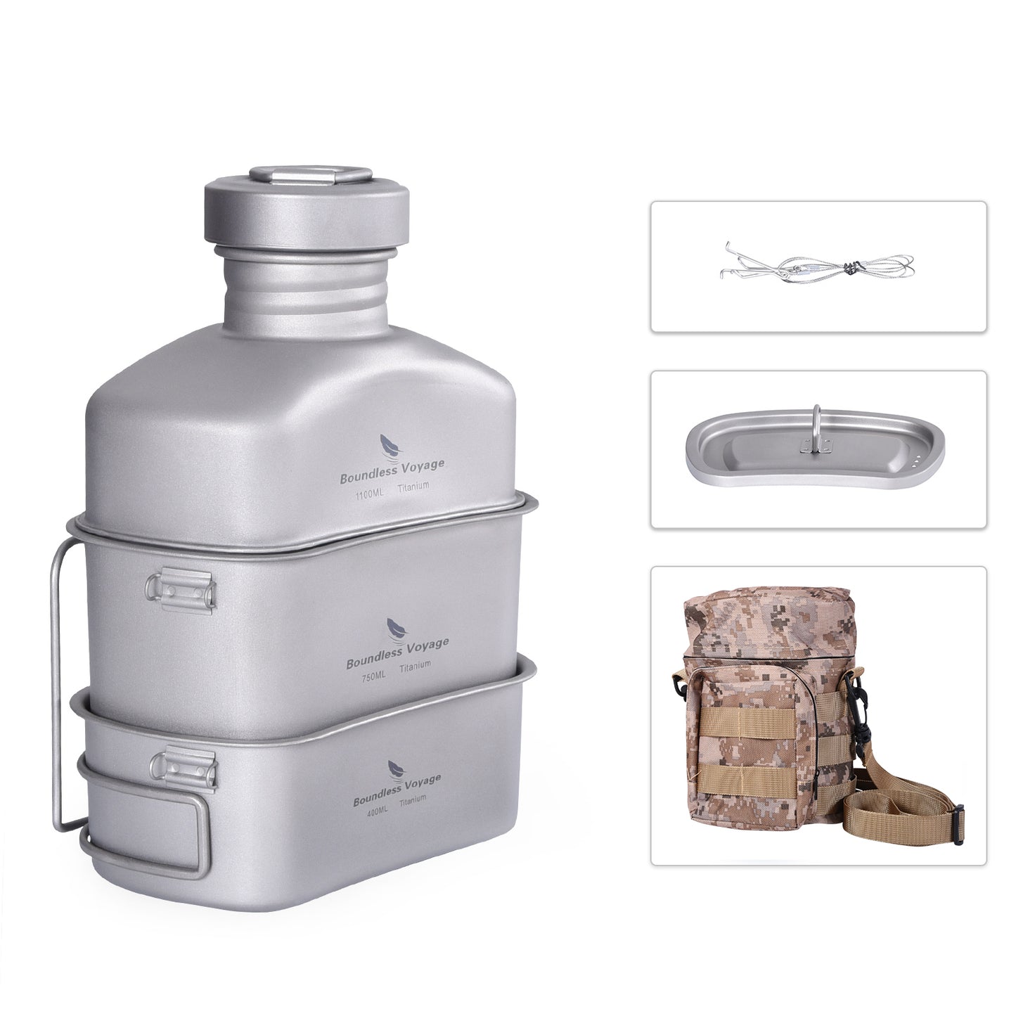Boundless Voyage Titanium Military Canteen Cups Set Outdoor Camping Water Bottle Bowl Kettle Cooking Set Mess Kit Ti2047C-Ti2049C