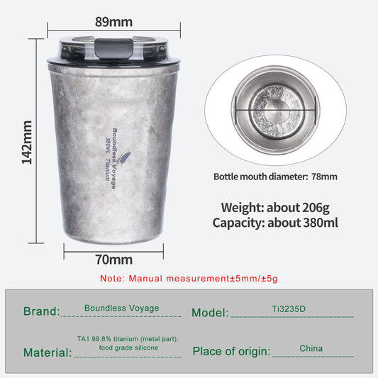 Boundless Voyage 380ml Titanium Insulated Drinking Cup Double Wall Vacuum Travel Coffee Tea Water Mug
