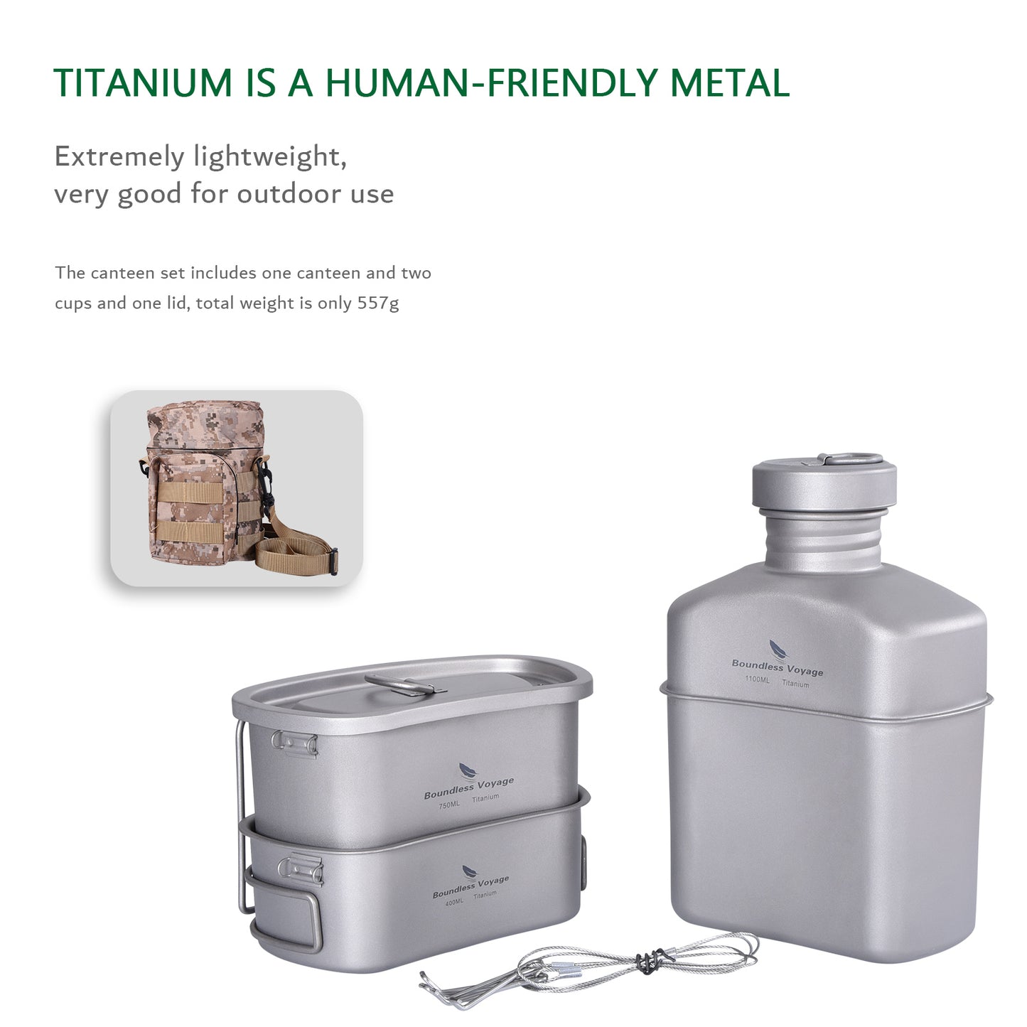 Boundless Voyage Titanium Military Canteen Cups Set Outdoor Camping Water Bottle Bowl Kettle Cooking Set Mess Kit Ti2047C-Ti2049C