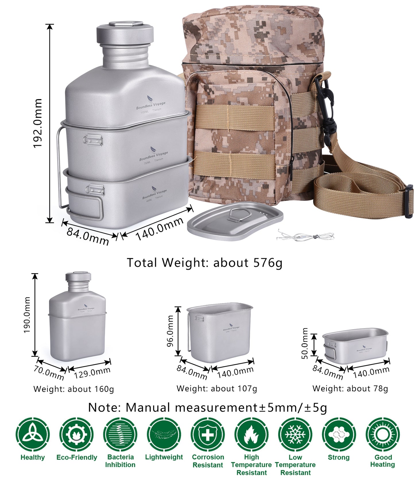 Boundless Voyage Titanium Military Canteen Cups Set Outdoor Camping Water Bottle Bowl Kettle Cooking Set Mess Kit Ti2047C-Ti2049C