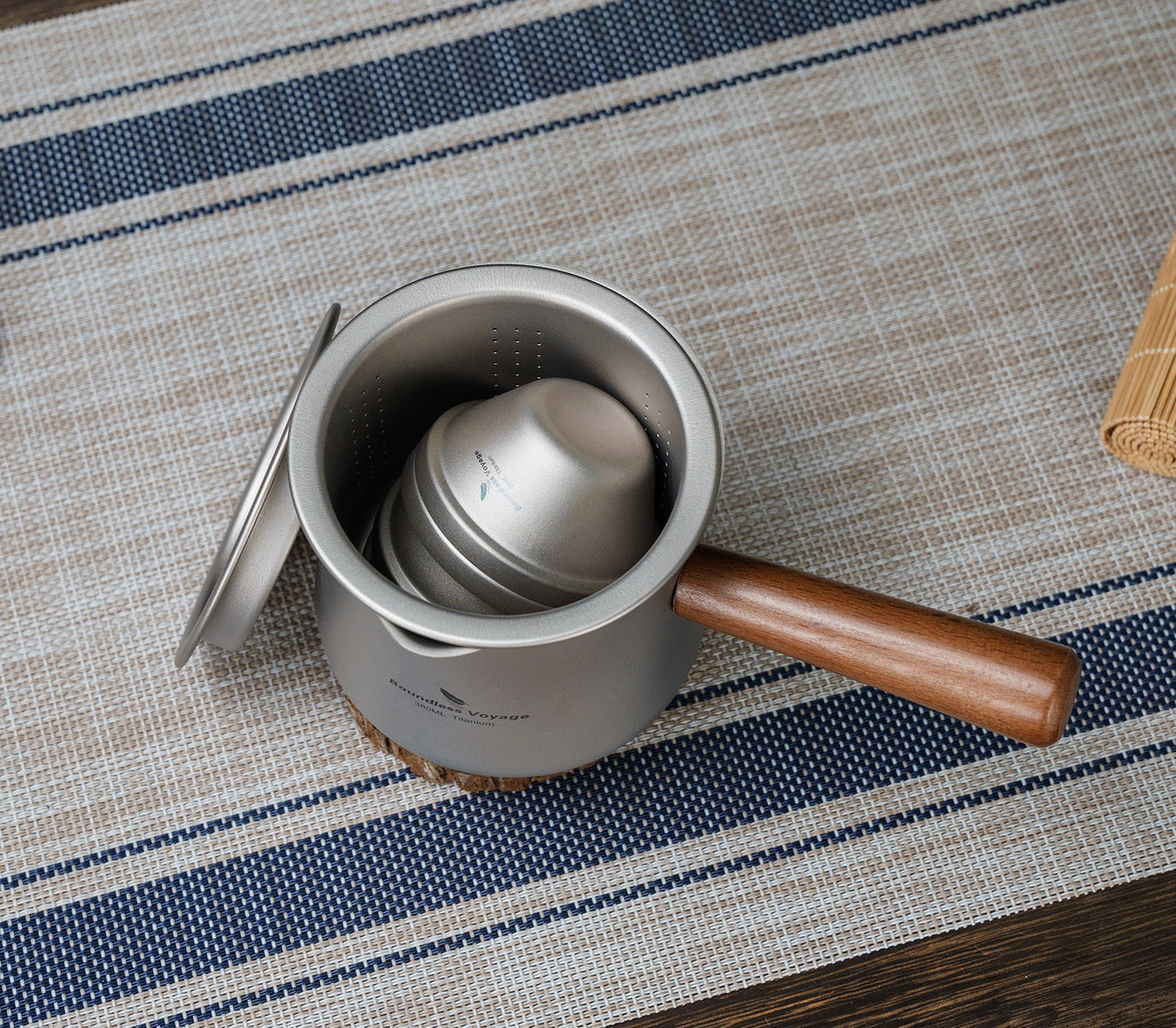 Boundless Voyage 380ml Titanium Tea Cup with Removable Wooden Handle & Filter Strainer, Ultralight Portable Mug Ti3141D