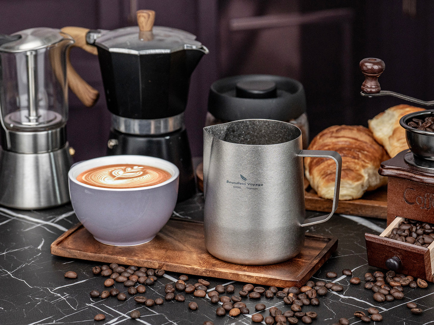 Boundless Voyage 600ml Pure Titanium Milk Frothing Pitcher, Espresso Steam Jug with Round Spout, Barista Latte Art Coffee Cup Ti3239D