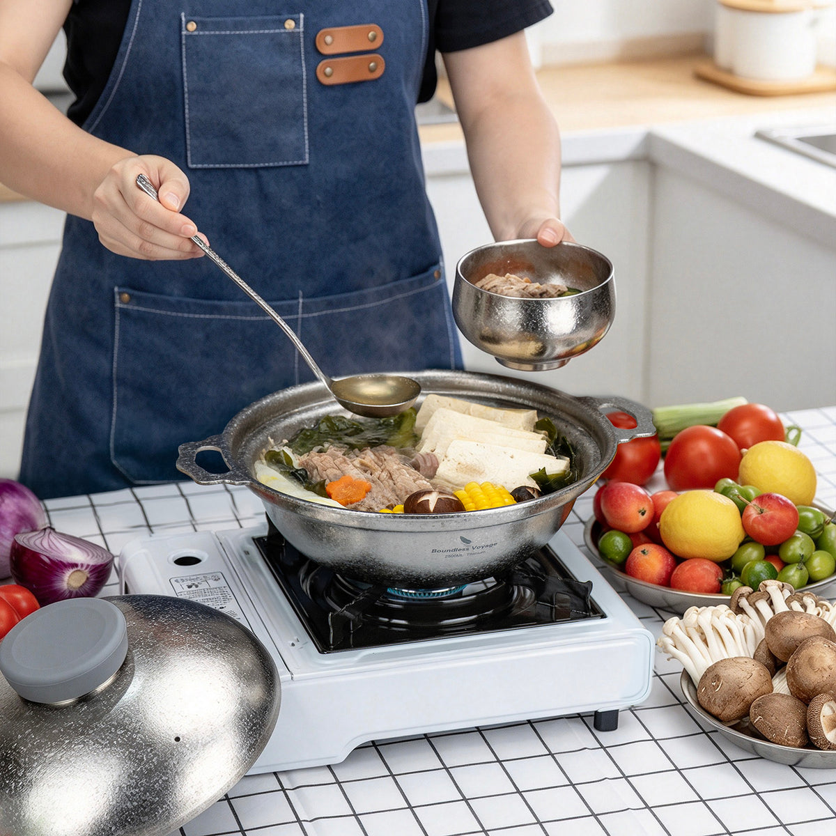 Serving hot stew from titanium cooking pot into titanium bowl with ladle